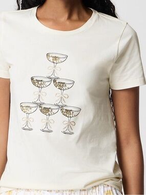 NWT J. Crew Cream Short-Sleeve Tee with Gold Sequin Cocktail Glasses
